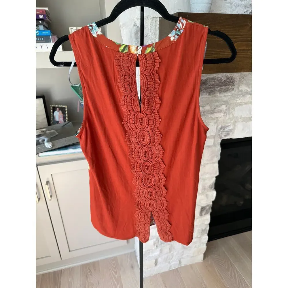 Daniel Rainn Women's Floral Burnt Orange Quin Keyhole Crochet Top Size Petite M
